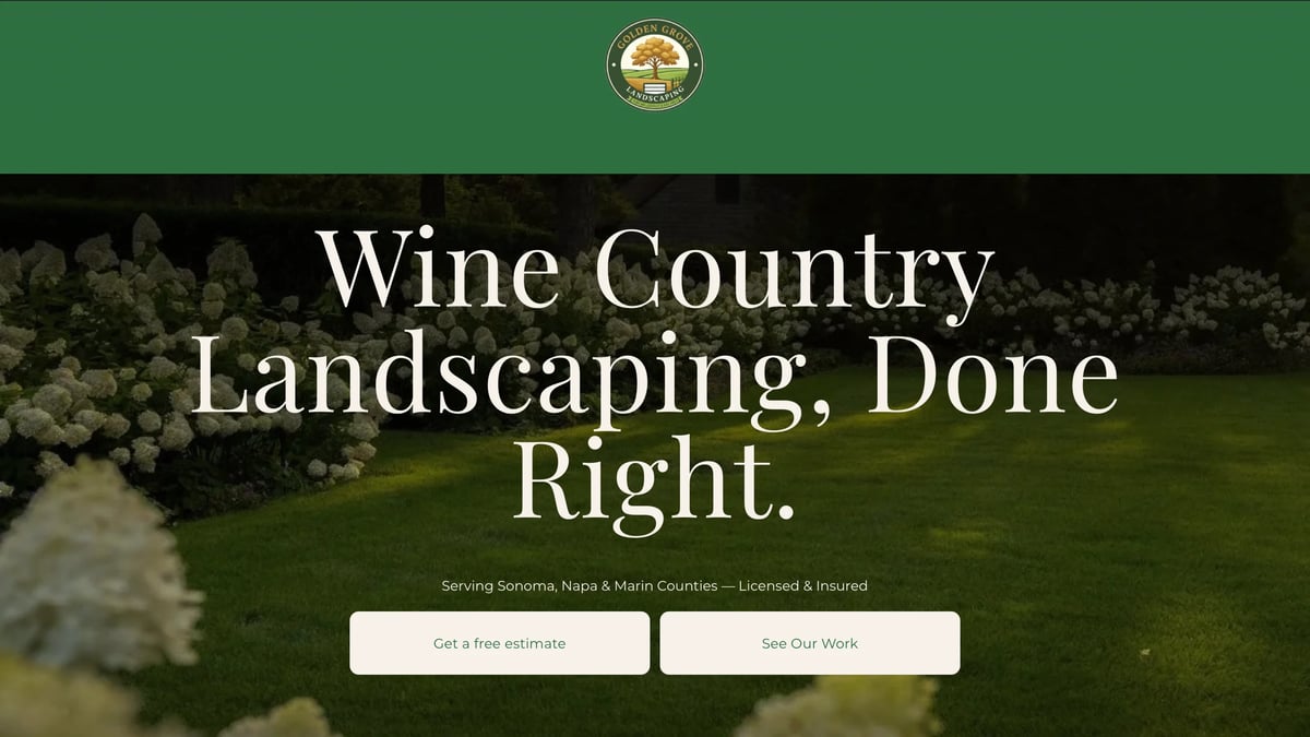 Website header for Wine Country Landscaping showing manicured green lawn and garden with company tagline and service buttons